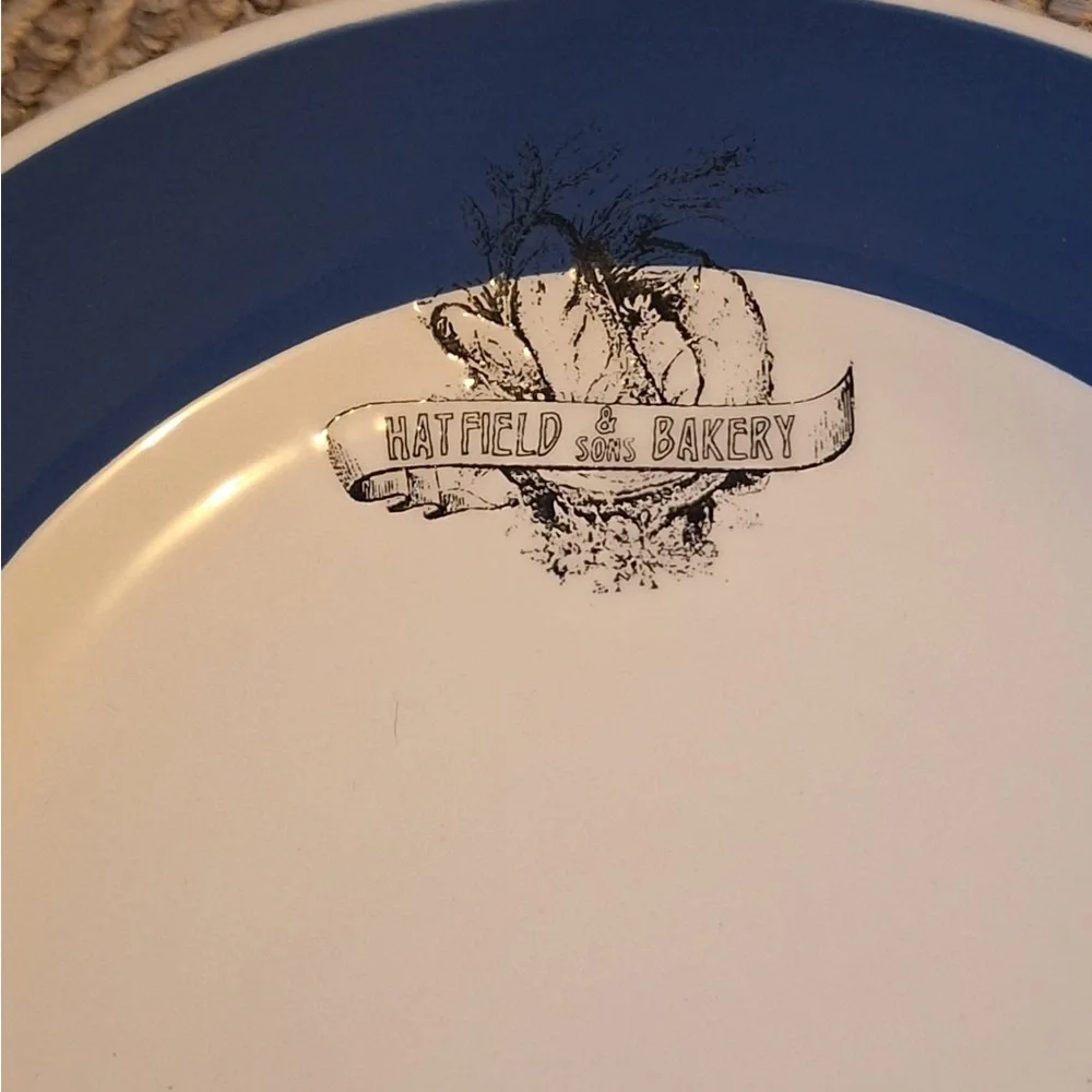 England Williams-Sonoma Blue Rim Stamped Plates - Set of Four Vintage Food Marks